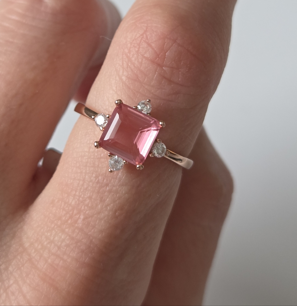 Pink Princess Cut Feminine, Romantic Silver 925+Rose Gold Plated Ring-Sz 7